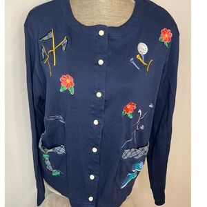 Karen Scott Golf Cardigan Sweatshirt Womens XL Navy Blue Excellent Embroidered